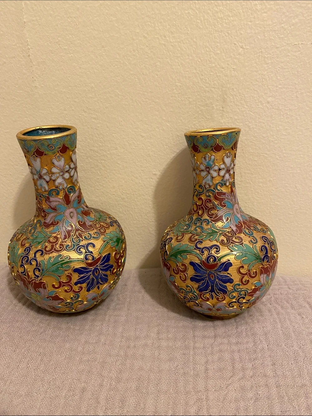 Hand-Painted Cloisonné Floral Vase Pair - Gold Multicolor
